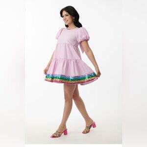 NWT lavender dress, sequin & rhinestone rainbow trim sz S